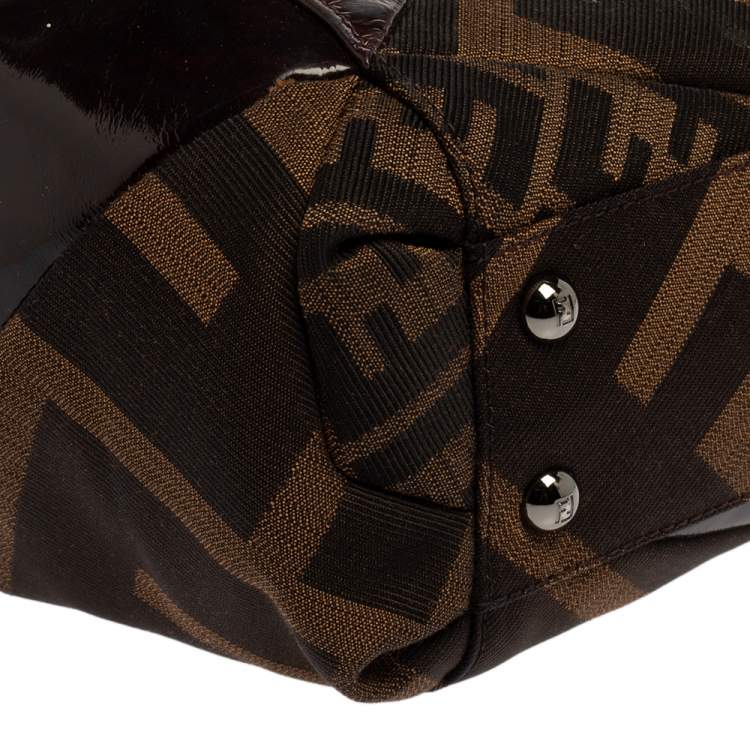 Pre Owned Fendi Brown Zucca Canvas And Tortoise Patent Leather Boston Bag