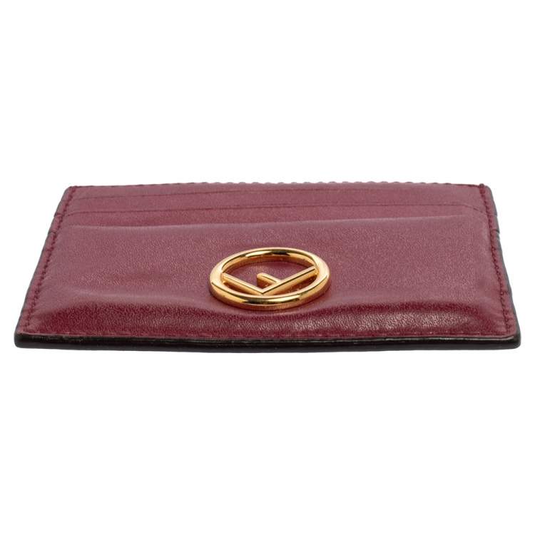 Pre Owned Fendi Burgundy Leather F Logo Card Holder