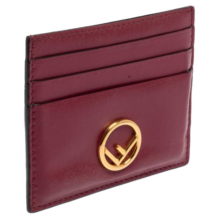 Pre Owned Fendi Burgundy Leather F Logo Card Holder