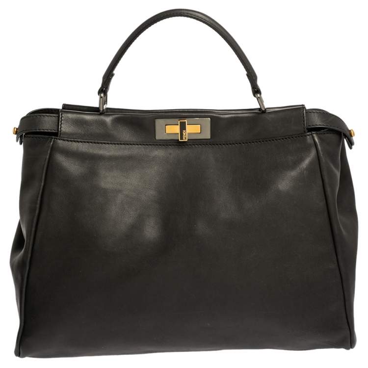 Pre Owned Fendi Black Leather Beads Lining Large Peekaboo Top Handle Bag