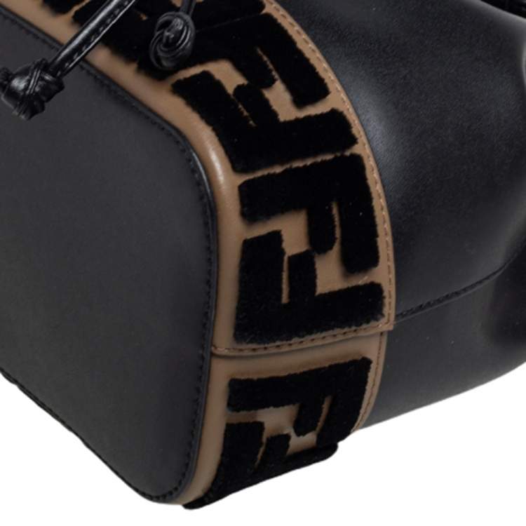 Pre Owned Fendi Black/Brown Zucca Velvet and Leather Mini Mon Tresor Drawstring Bucket Bag