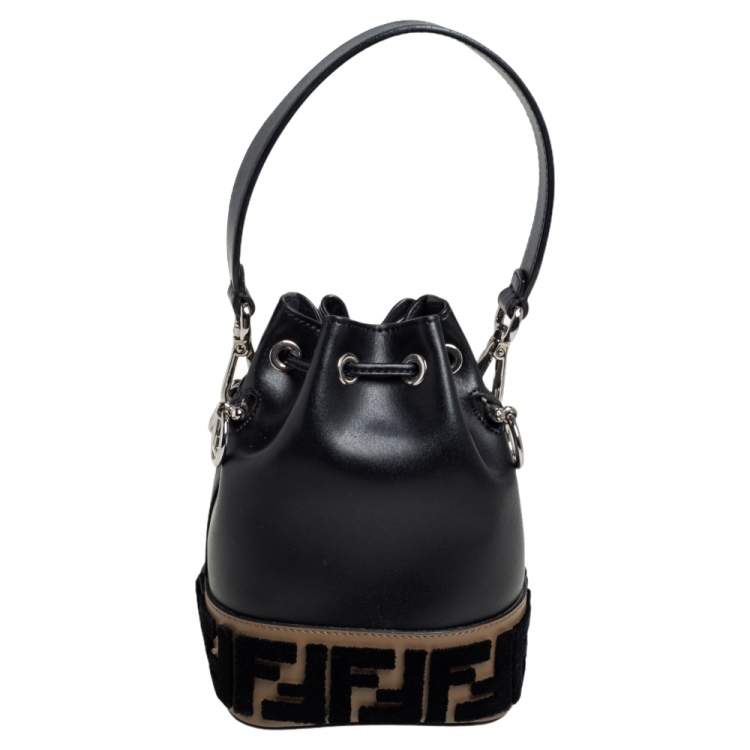 Pre Owned Fendi Black/Brown Zucca Velvet and Leather Mini Mon Tresor Drawstring Bucket Bag