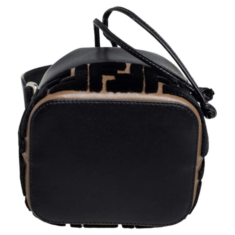 Pre Owned Fendi Black/Brown Zucca Velvet and Leather Mini Mon Tresor Drawstring Bucket Bag