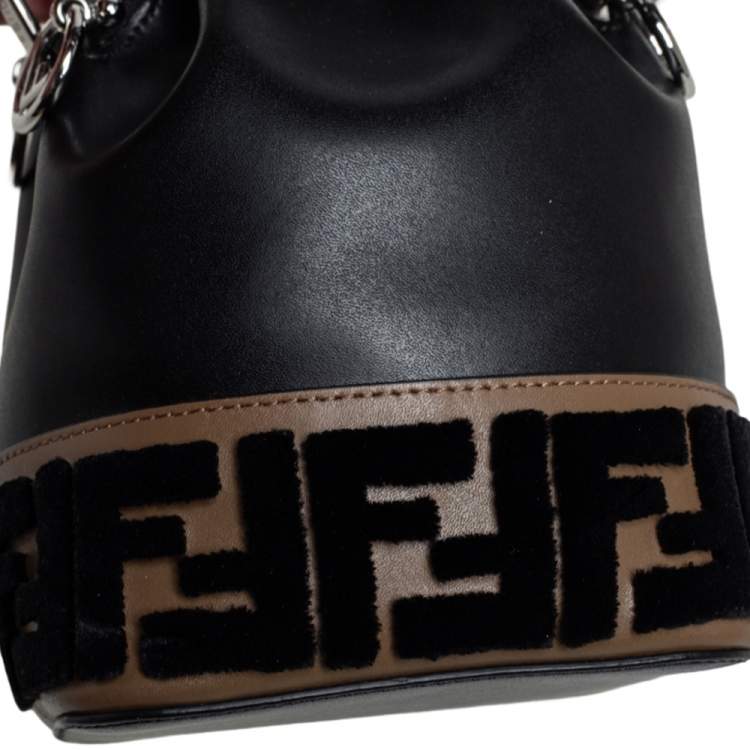 Pre Owned Fendi Black/Brown Zucca Velvet and Leather Mini Mon Tresor Drawstring Bucket Bag