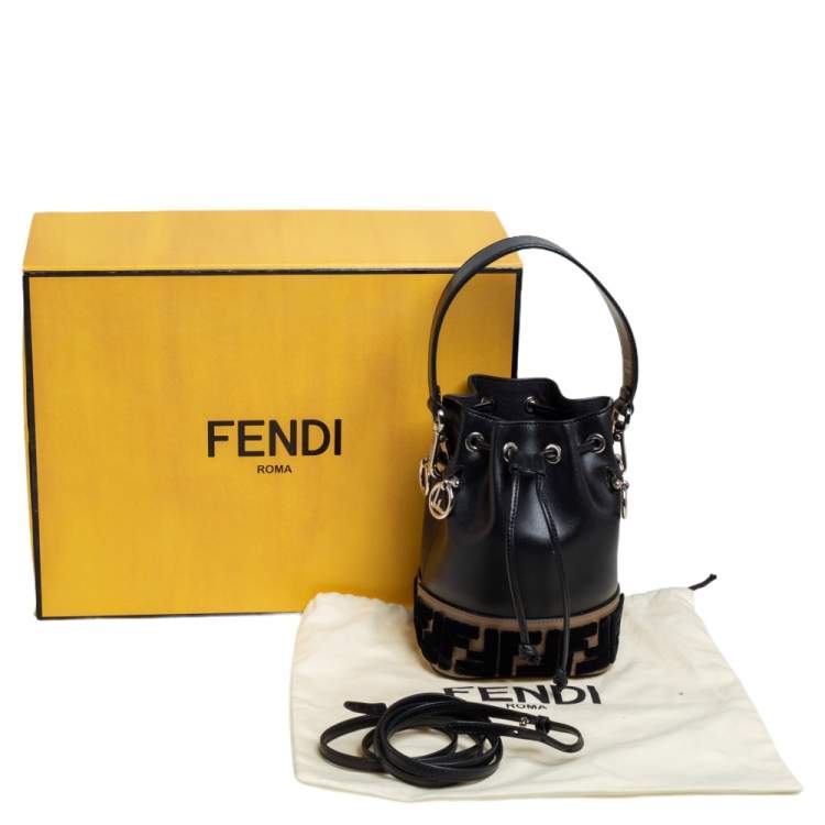 Pre Owned Fendi Black/Brown Zucca Velvet and Leather Mini Mon Tresor Drawstring Bucket Bag