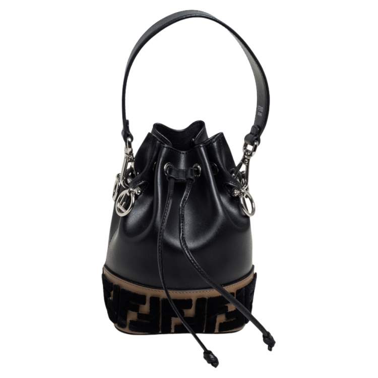 Pre Owned Fendi Black/Brown Zucca Velvet and Leather Mini Mon Tresor Drawstring Bucket Bag