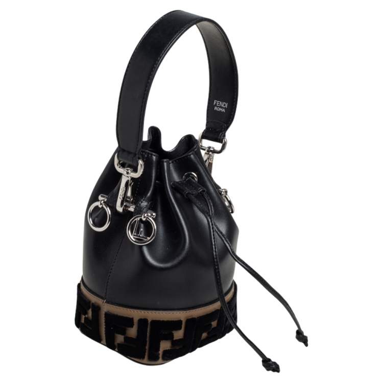 Pre Owned Fendi Black/Brown Zucca Velvet and Leather Mini Mon Tresor Drawstring Bucket Bag