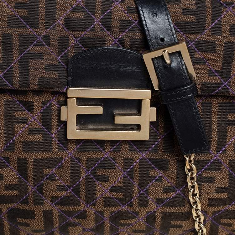 Pre Owned Fendi Tobacco Quilted Zucca Canvas and Leather Maxi Baguette Flap Shoulder Bag