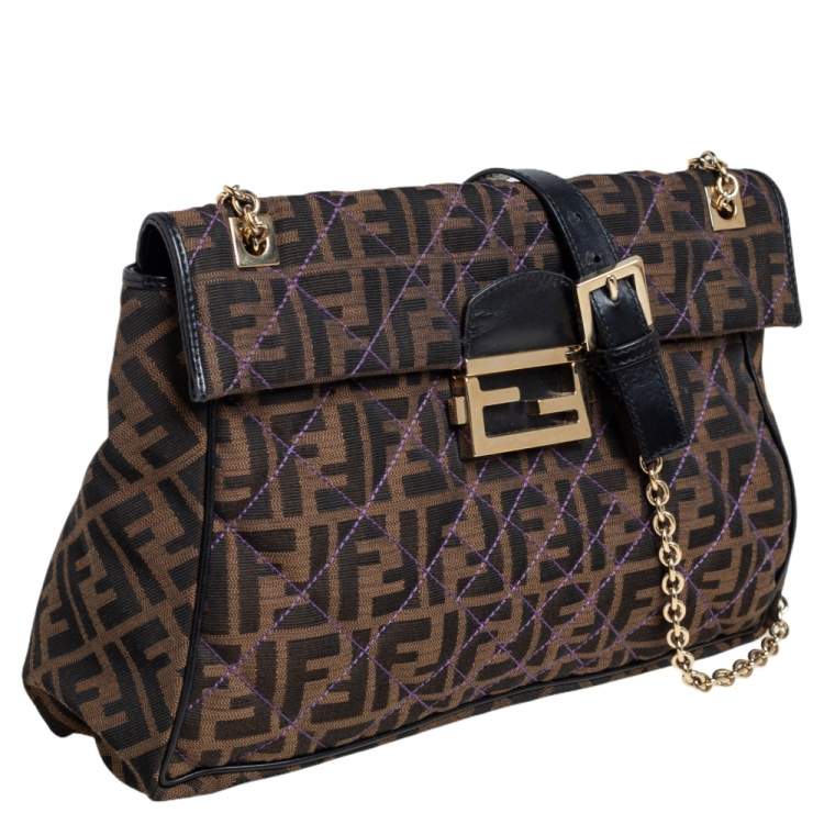 Pre Owned Fendi Tobacco Quilted Zucca Canvas and Leather Maxi Baguette Flap Shoulder Bag