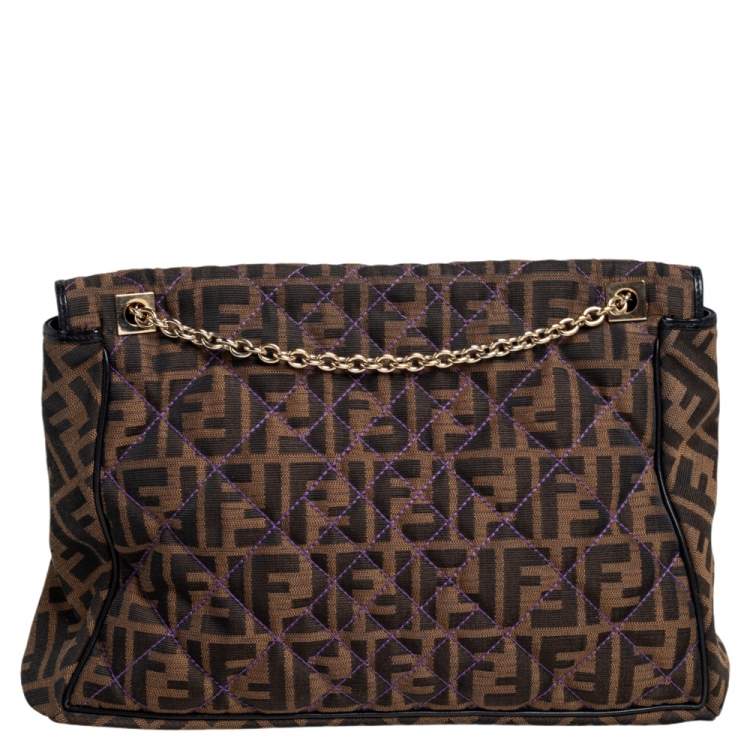 Pre Owned Fendi Tobacco Quilted Zucca Canvas and Leather Maxi Baguette Flap Shoulder Bag
