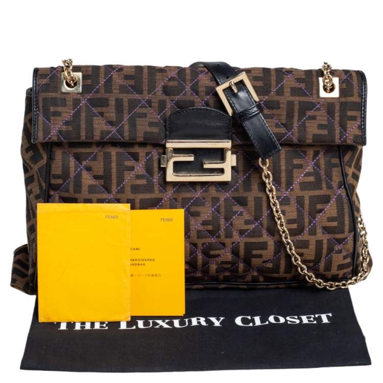 Pre Owned Fendi Tobacco Quilted Zucca Canvas and Leather Maxi Baguette Flap Shoulder Bag