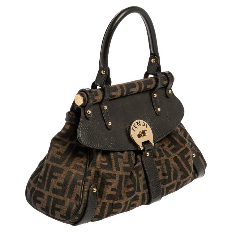 Pre Owned Fendi Tobacco Zucca Canvas And Leather Small Magic Top Handle Bag