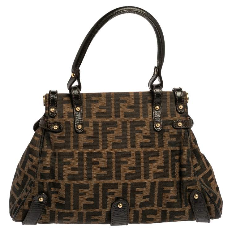 Pre Owned Fendi Tobacco Zucca Canvas And Leather Small Magic Top Handle Bag