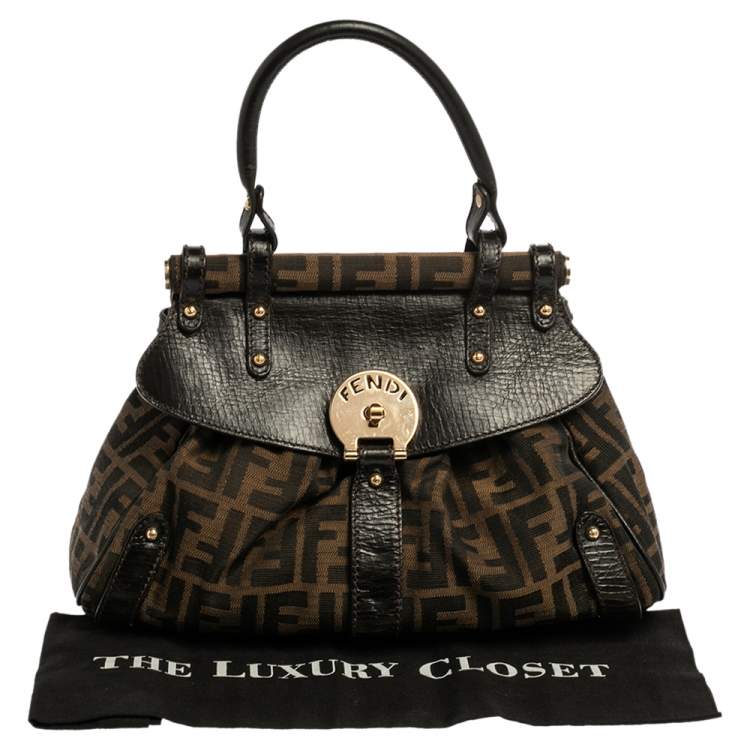 Pre Owned Fendi Tobacco Zucca Canvas And Leather Small Magic Top Handle Bag