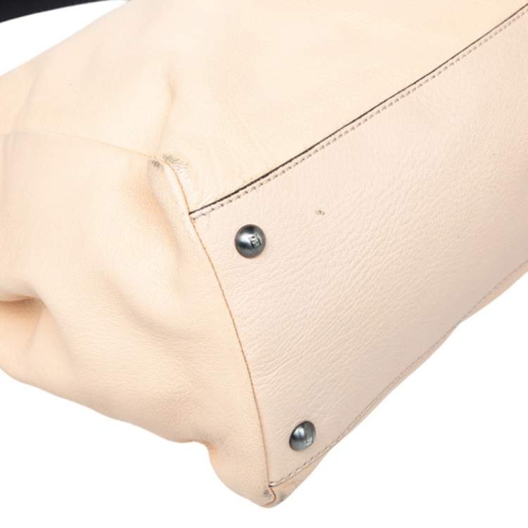 Pre Owned Fendi Beige/Black Leather Beads Lining Large Peekaboo Top Handle Bag
