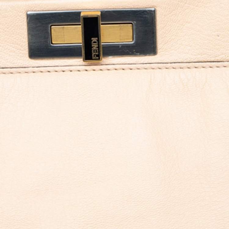 Pre Owned Fendi Beige/Black Leather Beads Lining Large Peekaboo Top Handle Bag