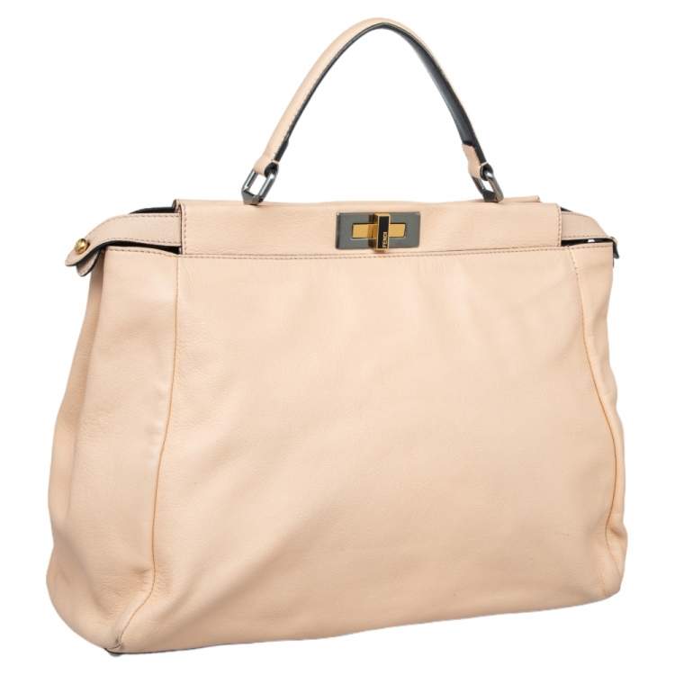 Pre Owned Fendi Beige/Black Leather Beads Lining Large Peekaboo Top Handle Bag
