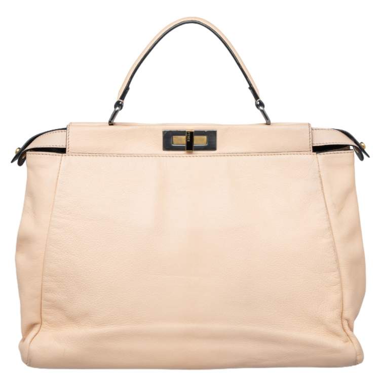 Pre Owned Fendi Beige/Black Leather Beads Lining Large Peekaboo Top Handle Bag