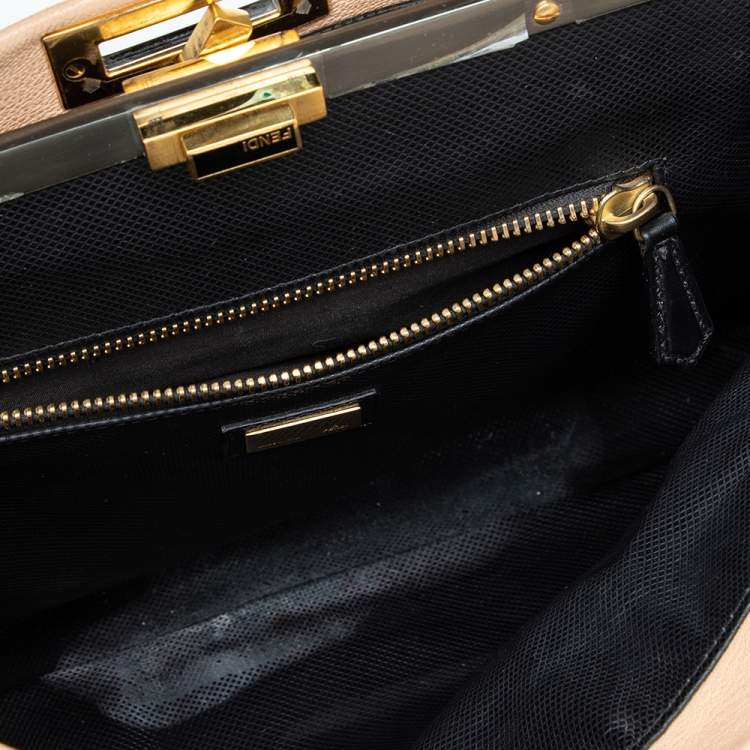 Pre Owned Fendi Beige/Black Leather Beads Lining Large Peekaboo Top Handle Bag