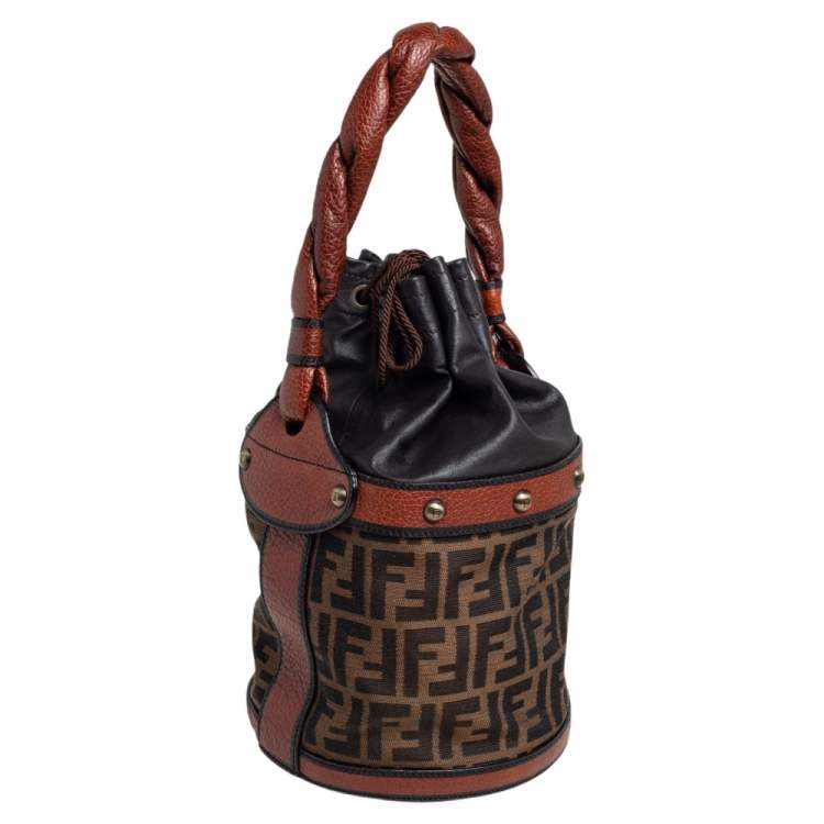 Pre Owned Fendi Brown/Tan Zucca Canvas And Leather Palazzo Drawstring Bucket Bag