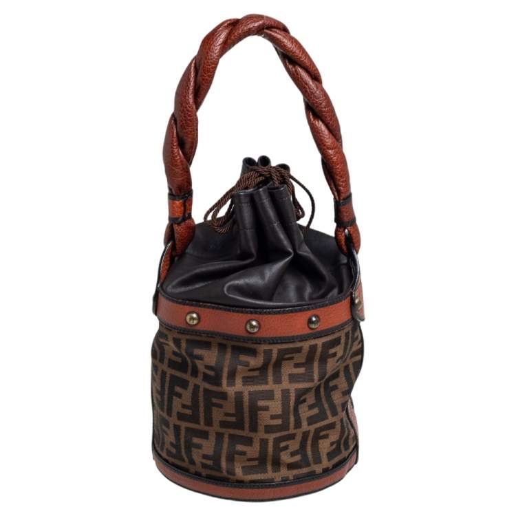 Pre Owned Fendi Brown/Tan Zucca Canvas And Leather Palazzo Drawstring Bucket Bag