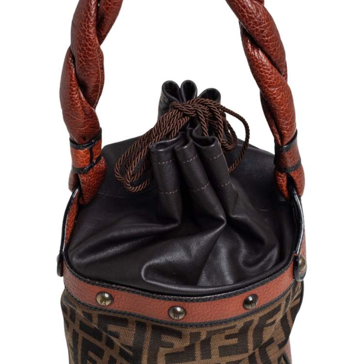 Pre Owned Fendi Brown/Tan Zucca Canvas And Leather Palazzo Drawstring Bucket Bag