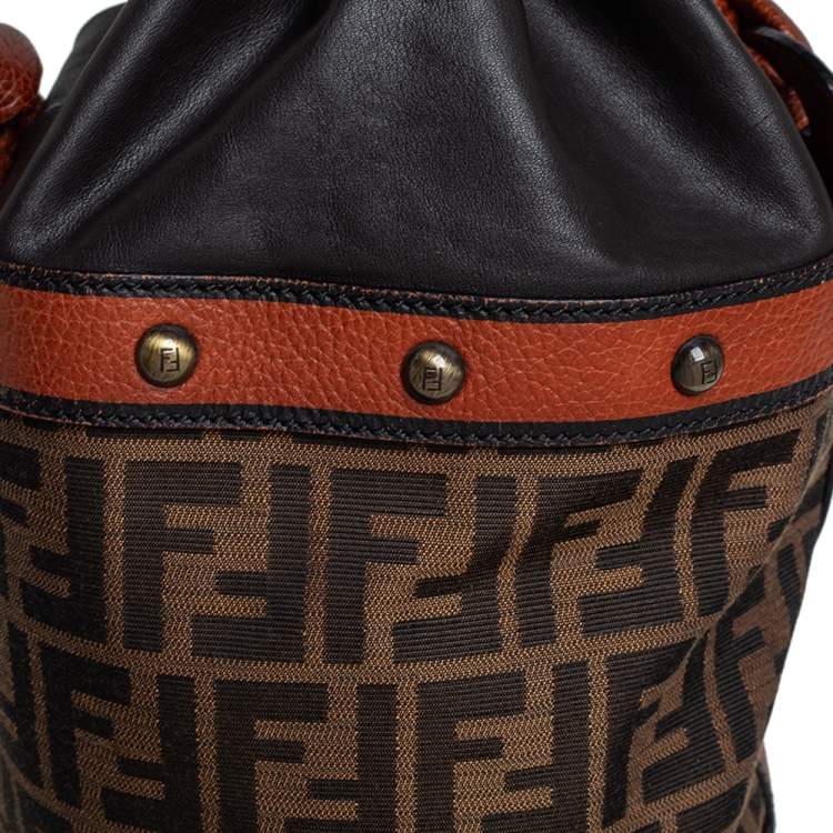 Pre Owned Fendi Brown/Tan Zucca Canvas And Leather Palazzo Drawstring Bucket Bag