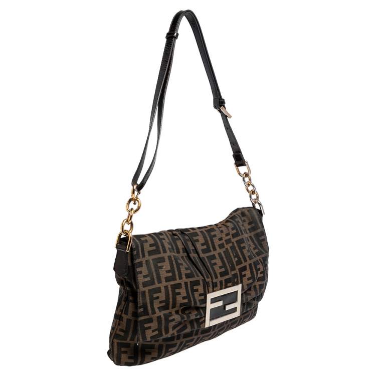 Pre Owned Fendi Tobacco Zucca Canvas and Patent Leather Mia Flap Shoulder Bag