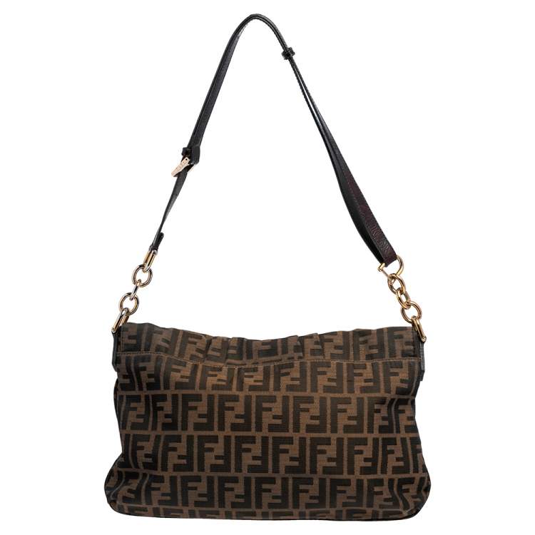 Pre Owned Fendi Tobacco Zucca Canvas and Patent Leather Mia Flap Shoulder Bag