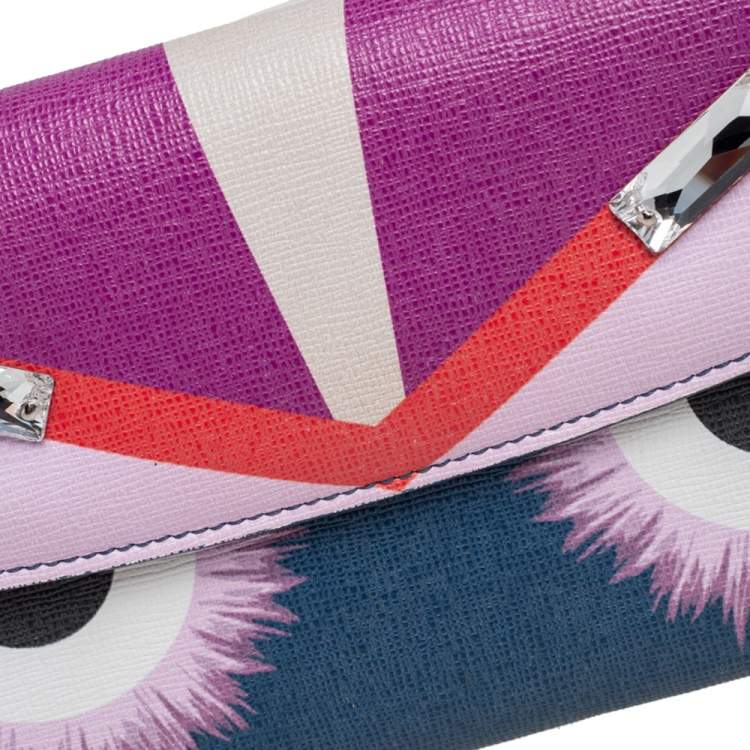 Pre Owned Fendi Multicolor Crystal Embellishment Leather Monster Continental Wallet