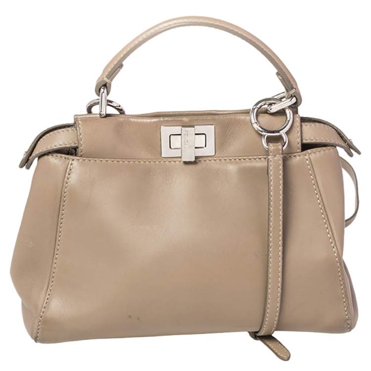 Pre Owned Fendi Beige Leather Mini Peekaboo Top Handle Bag
