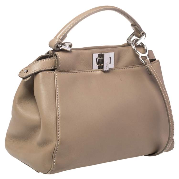Pre Owned Fendi Beige Leather Mini Peekaboo Top Handle Bag