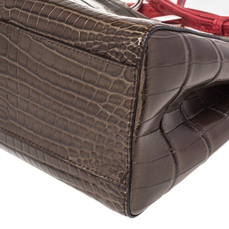 Pre Owned Fendi Brown/Red Crocodile Mini Peekaboo Top Handle Bag