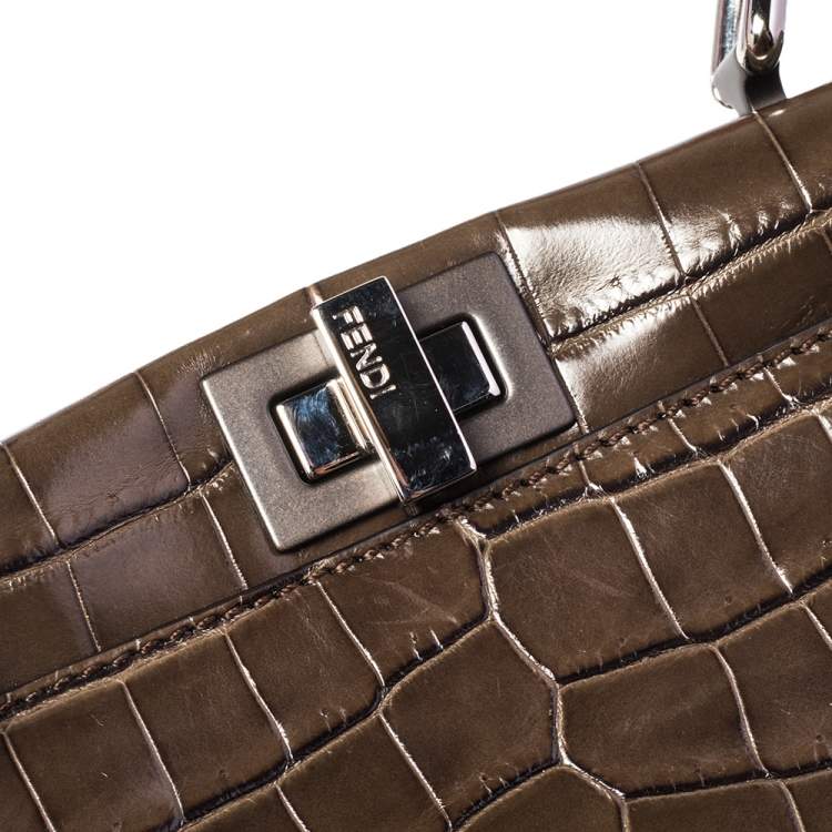 Pre Owned Fendi Brown/Red Crocodile Mini Peekaboo Top Handle Bag