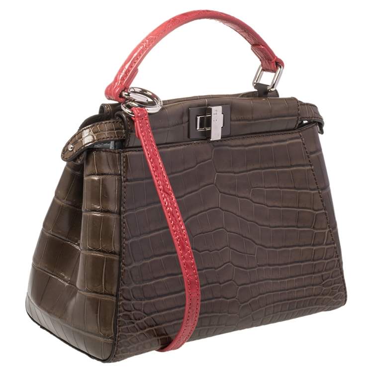 Pre Owned Fendi Brown/Red Crocodile Mini Peekaboo Top Handle Bag