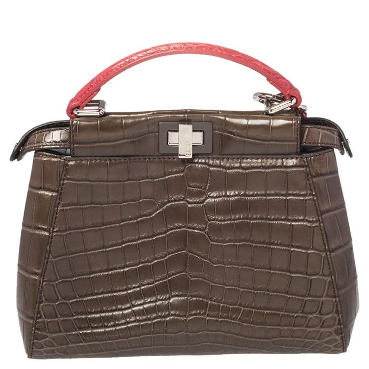 Pre Owned Fendi Brown/Red Crocodile Mini Peekaboo Top Handle Bag