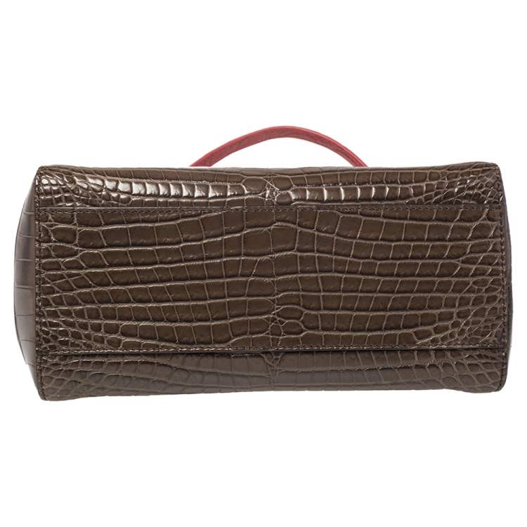 Pre Owned Fendi Brown/Red Crocodile Mini Peekaboo Top Handle Bag