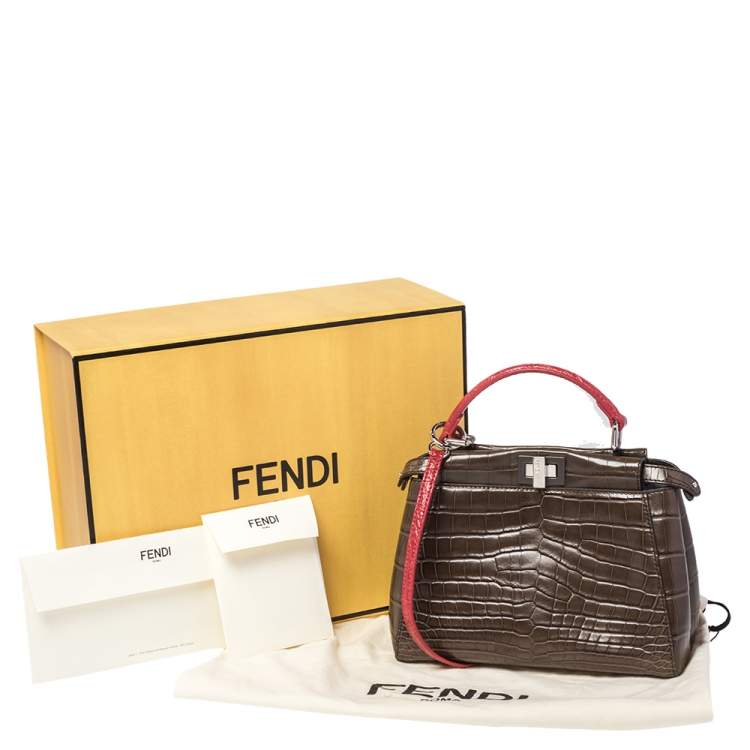 Pre Owned Fendi Brown/Red Crocodile Mini Peekaboo Top Handle Bag