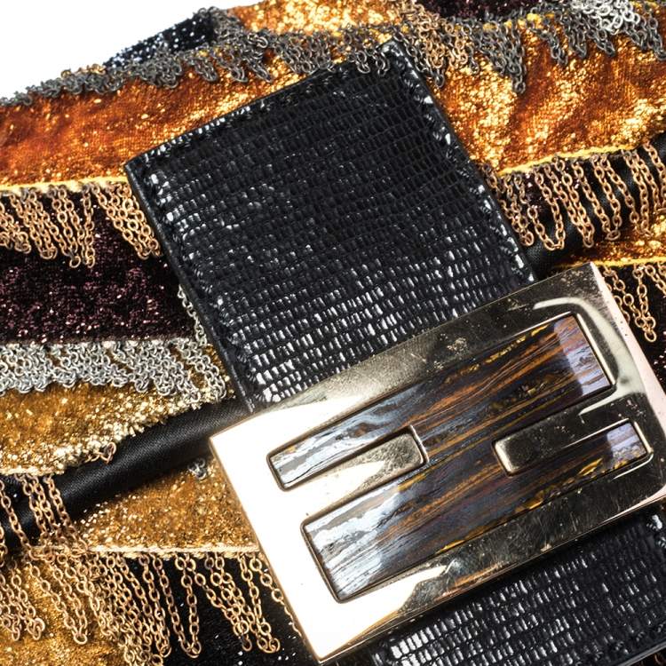Pre Owned Fendi Multicolor Glitter Fabric Chain Embellished Ricami Baguette Flap Bag
