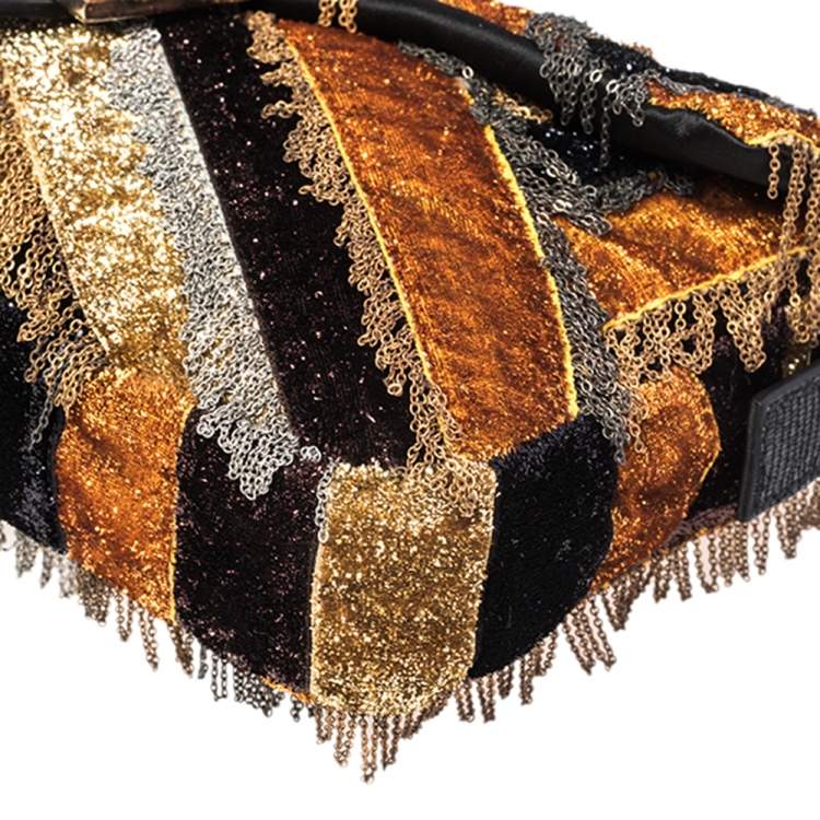 Pre Owned Fendi Multicolor Glitter Fabric Chain Embellished Ricami Baguette Flap Bag