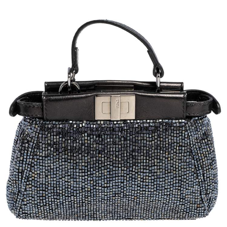 Pre Owned Fendi Black Beaded and Leather Micro Peekaboo Crossbody Bag