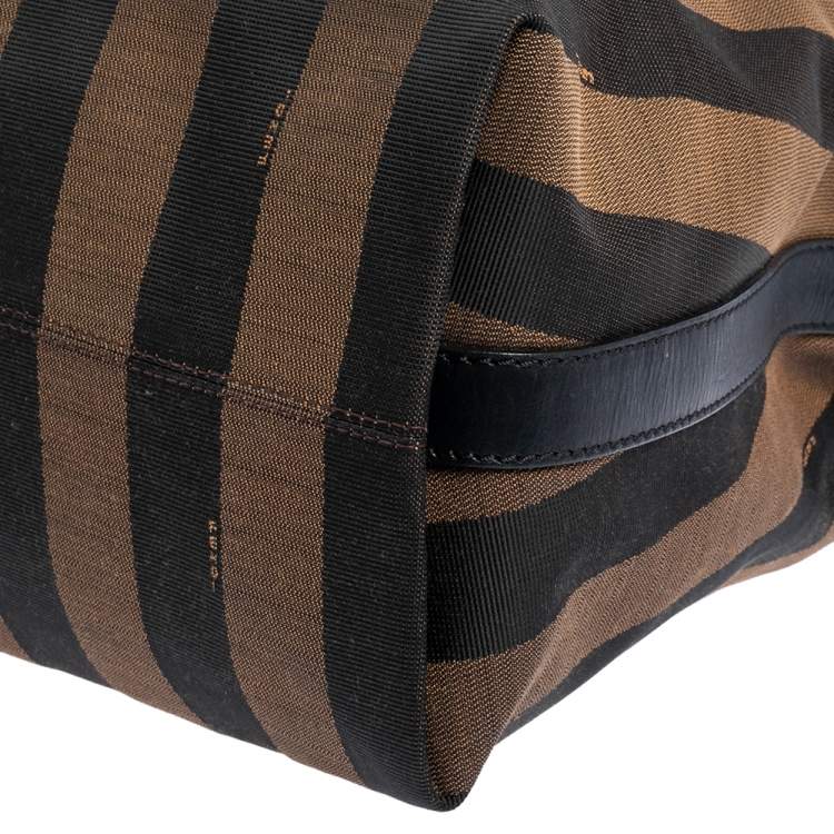 Pre Owned Fendi Tobacco/Red Canvas and Leather Large Pequin Striped Hobo