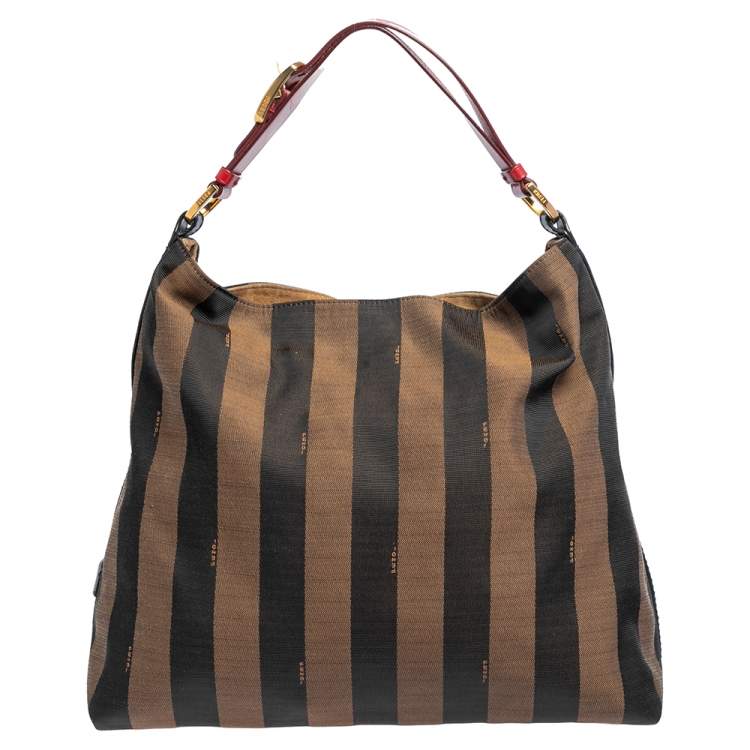 Pre Owned Fendi Tobacco/Red Canvas and Leather Large Pequin Striped Hobo