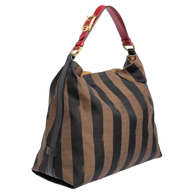 Pre Owned Fendi Tobacco/Red Canvas and Leather Large Pequin Striped Hobo