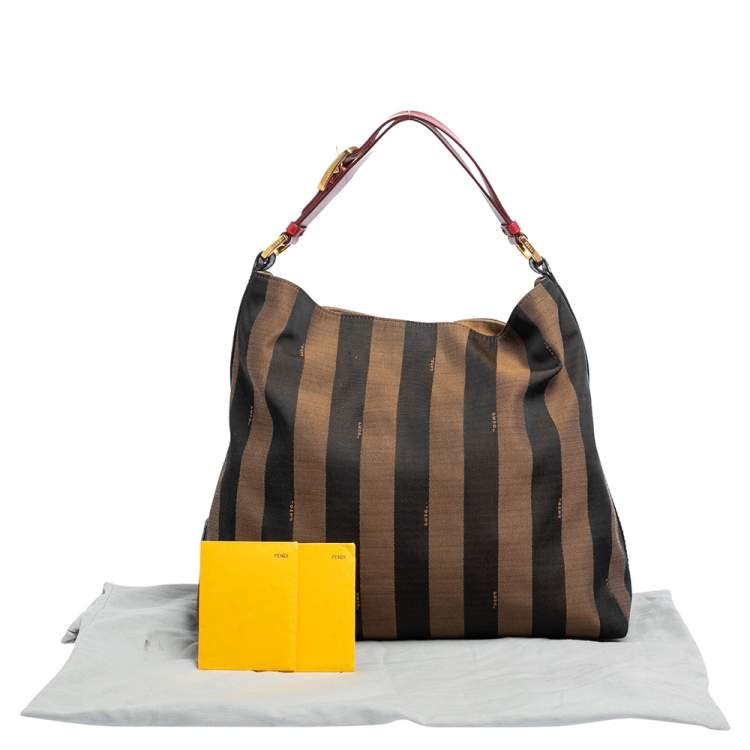 Pre Owned Fendi Tobacco/Red Canvas and Leather Large Pequin Striped Hobo
