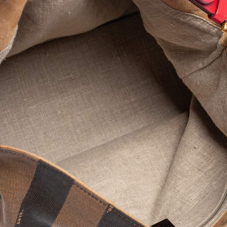 Pre Owned Fendi Tobacco/Red Canvas and Leather Large Pequin Striped Hobo