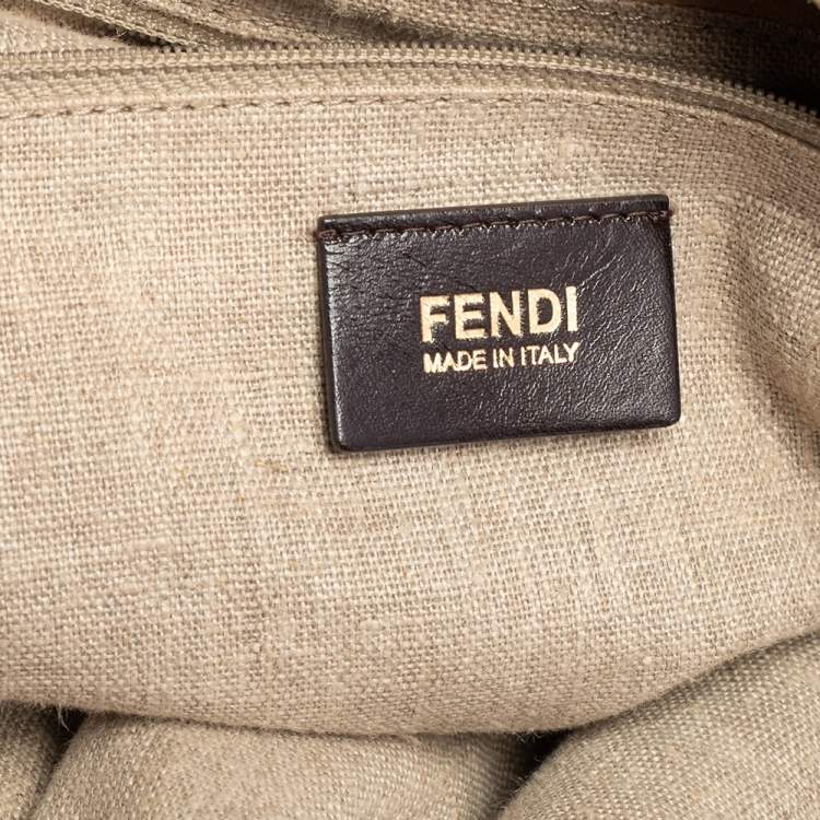 Pre Owned Fendi Tobacco/Red Canvas and Leather Large Pequin Striped Hobo