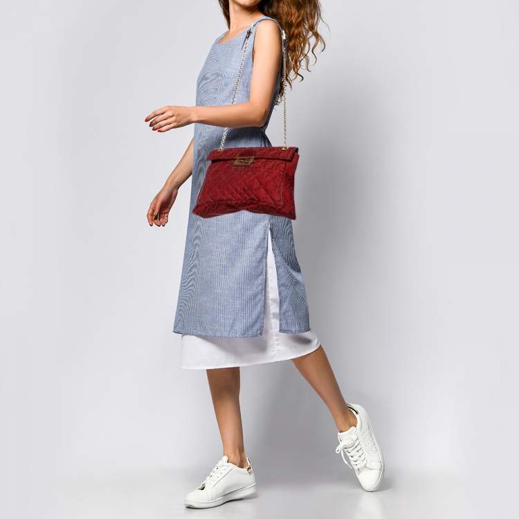Pre Owned Fendi Red Quilted Zucca Canvas and Leather Maxi Baguette Flap Shoulder Bag