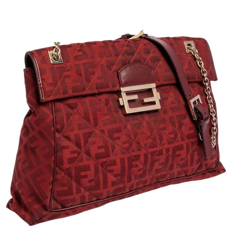 Pre Owned Fendi Red Quilted Zucca Canvas and Leather Maxi Baguette Flap Shoulder Bag
