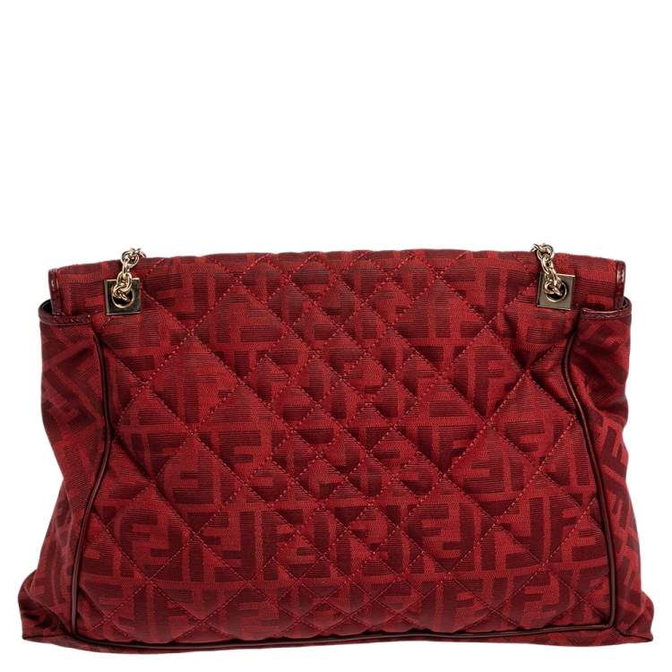 Pre Owned Fendi Red Quilted Zucca Canvas and Leather Maxi Baguette Flap Shoulder Bag